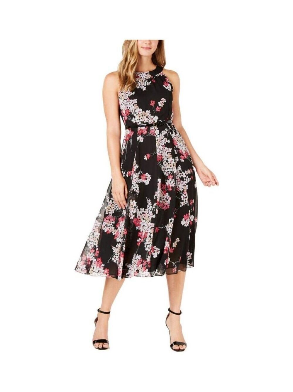 Tommy Hilfiger Black Floral Chiffon Midi Dress